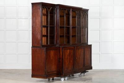 Monumental English Early 19thC Astral Arch Glazed Mahogany Breakfront Bookcase