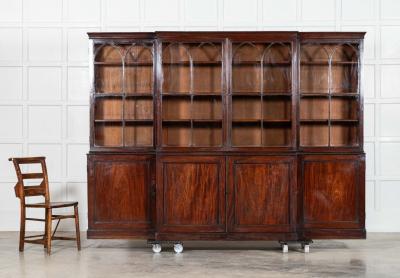 Monumental English Early 19thC Astral Arch Glazed Mahogany Breakfront Bookcase