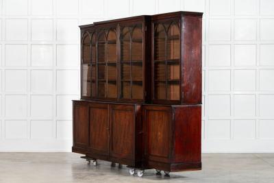 Monumental English Early 19thC Astral Arch Glazed Mahogany Breakfront Bookcase