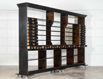 Monumental English Ebonised Oak Shop Display Cabinet