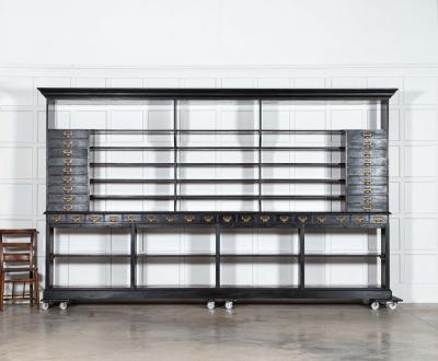 Monumental English Ebonised Oak Shop Display Cabinet