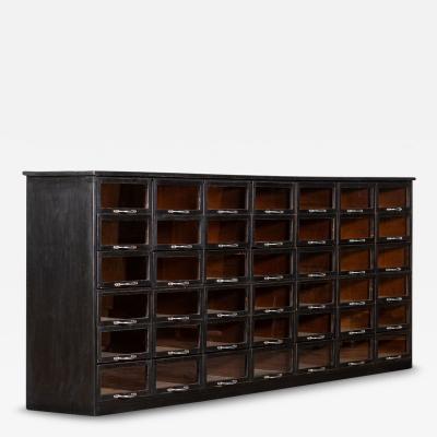 Monumental English Ebonised Pine Glazed Haberdashery Drawers