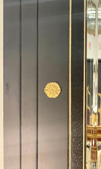 Monumental French Directoire Style Ebonized Mirror Beveled With Brass Accents