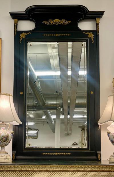 Monumental French Directoire Style Ebonized Mirror Beveled With Brass Accents