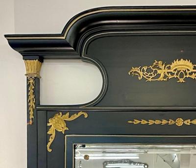 Monumental French Directoire Style Ebonized Mirror Beveled With Brass Accents