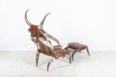 Monumental Horn Leather Armchair with Foot Stool