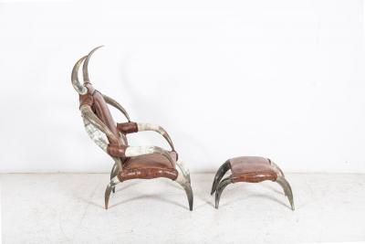 Monumental Horn Leather Armchair with Foot Stool