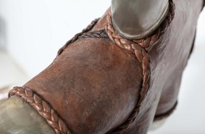 Monumental Horn Leather Armchair with Foot Stool