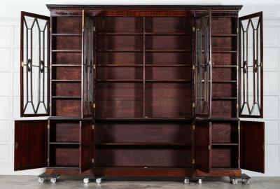 Monumental Irish Georgian Ebonised Mahogany Astral Glazed Breakfront Bookcase