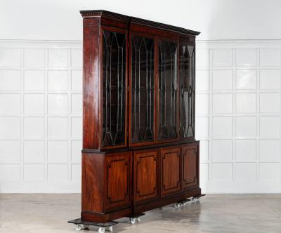 Monumental Irish Georgian Ebonised Mahogany Astral Glazed Breakfront Bookcase
