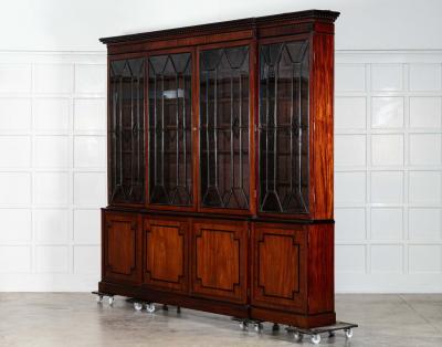 Monumental Irish Georgian Ebonised Mahogany Astral Glazed Breakfront Bookcase
