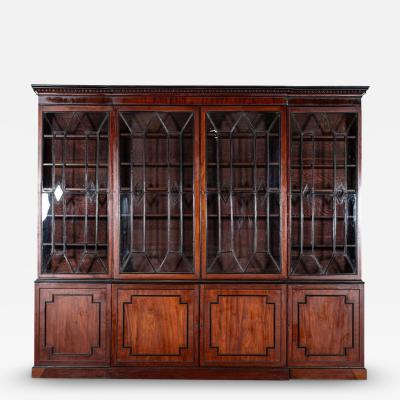 Monumental Irish Georgian Ebonised Mahogany Astral Glazed Breakfront Bookcase