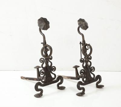 Monumental Iron Scroll Andirons