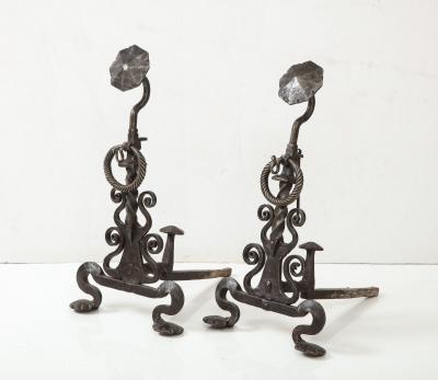 Monumental Iron Scroll Andirons