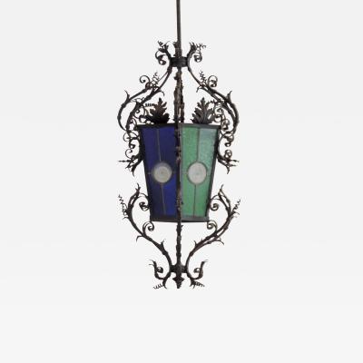 Monumental Italian Lantern in Wrought Iron and Stained Glass