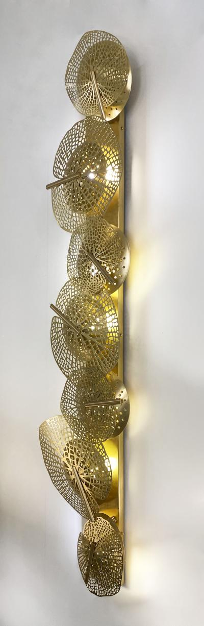 Monumental Italian Organic Art Design Modern Perforated Brass Leaf Sconce