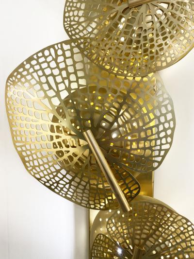Monumental Italian Organic Art Design Modern Perforated Brass Leaf Sconce