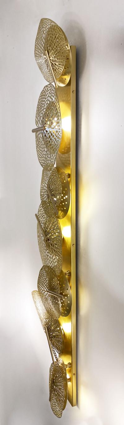 Monumental Italian Organic Art Design Modern Perforated Brass Leaf Sconce