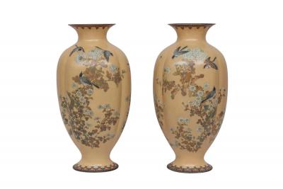 Monumental Japanese Three Piece Peach Cloisonn Enamel Garniture Nagoya Company