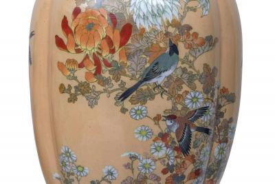 Monumental Japanese Three Piece Peach Cloisonn Enamel Garniture Nagoya Company