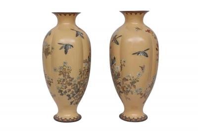 Monumental Japanese Three Piece Peach Cloisonn Enamel Garniture Nagoya Company