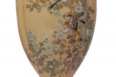 Monumental Japanese Three Piece Peach Cloisonn Enamel Garniture Nagoya Company