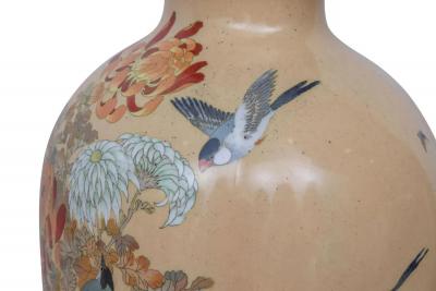 Monumental Japanese Three Piece Peach Cloisonn Enamel Garniture Nagoya Company