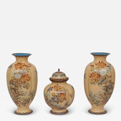 Monumental Japanese Three Piece Peach Cloisonn Enamel Garniture Nagoya Company