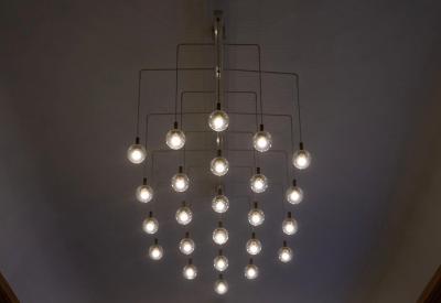 Monumental Mid Century Chandelier in Glass Metal and Patinated Brass 1960