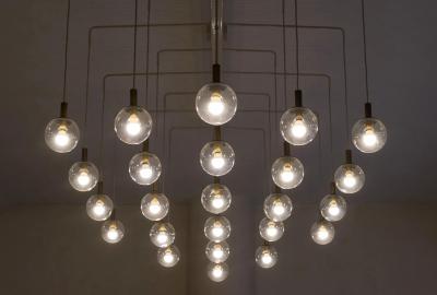 Monumental Mid Century Chandelier in Glass Metal and Patinated Brass 1960