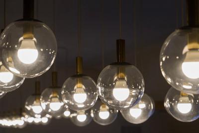 Monumental Mid Century Chandelier in Glass Metal and Patinated Brass 1960