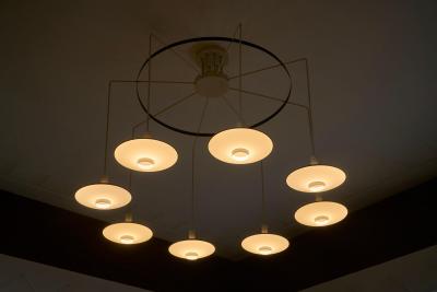 Monumental Mid Century Chandelier in Lacquered Metal and Opaline Glass 1960