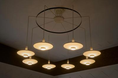 Monumental Mid Century Chandelier in Lacquered Metal and Opaline Glass 1960