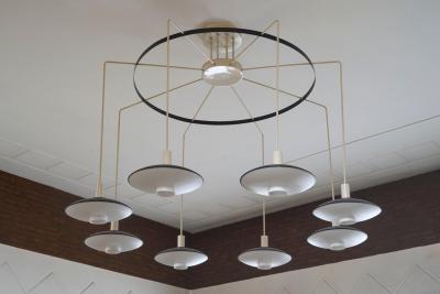 Monumental Mid Century Chandelier in Lacquered Metal and Opaline Glass 1960