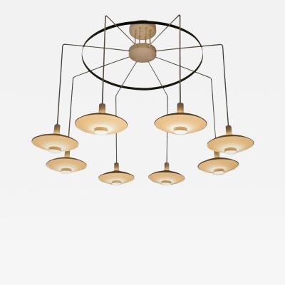 Monumental Mid Century Chandelier in Lacquered Metal and Opaline Glass 1960