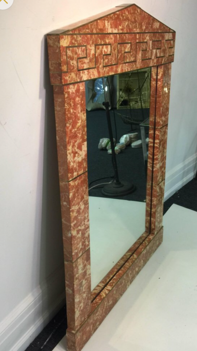 Monumental Modern Tessellated Marble Mirror Brass Greek Key Design