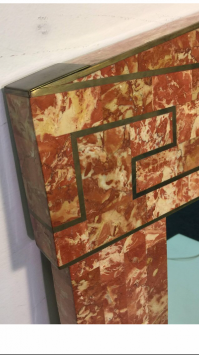 Monumental Modern Tessellated Marble Mirror Brass Greek Key Design