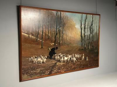 Monumental Oil Canvas Georges Henri Fauvel Hunting Dogs with Master 19th Cent