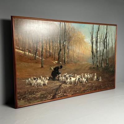 Monumental Oil Canvas Georges Henri Fauvel Hunting Dogs with Master 19th Cent