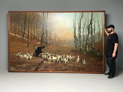 Monumental Oil Canvas Georges Henri Fauvel Hunting Dogs with Master 19th Cent