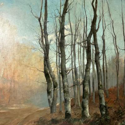 Monumental Oil Canvas Georges Henri Fauvel Hunting Dogs with Master 19th Cent