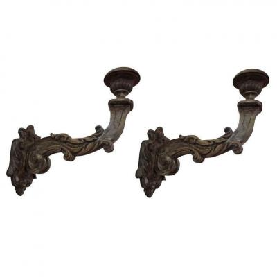 Monumental Pair of 18th Century Venetian Silver Giltwood Sconces