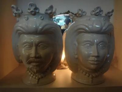 Monumental Pair of 20th Century of Italian Glazed Terracotta Bust Jardini res