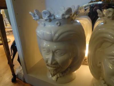 Monumental Pair of 20th Century of Italian Glazed Terracotta Bust Jardini res