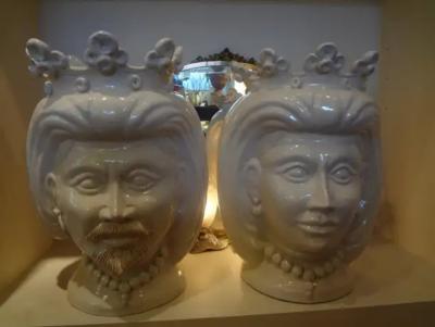 Monumental Pair of 20th Century of Italian Glazed Terracotta Bust Jardini res