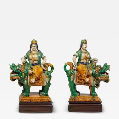 Monumental Pair of Chinese Sancai Glazed Pottery Figures of Guan Yin and Lion