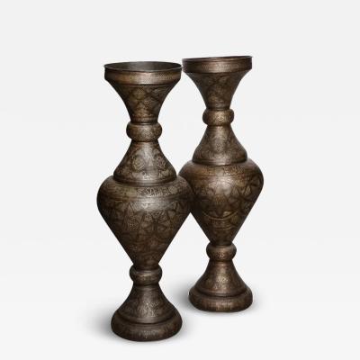 Monumental Pair of Islamic Silver Inlaid Palace Vases with Arabic Calligraphy