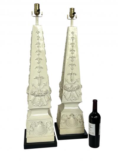 Monumental Pair of Italian 1950s Neoclassical Style Obelisk form Ceramic Lamps