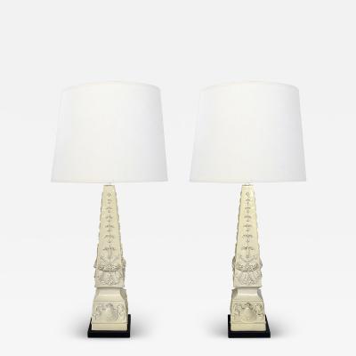Monumental Pair of Italian 1950s Neoclassical Style Obelisk form Ceramic Lamps