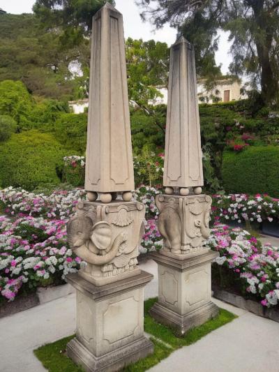 Monumental Pair of Italian Carved Stone Obelisks with Elephants